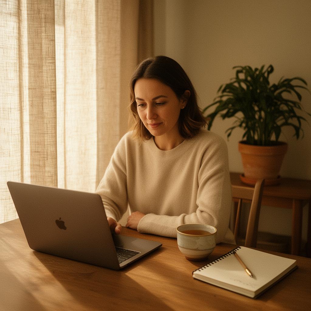 Vrouw rustig aan tafel met laptop, online leren in warme omgeving